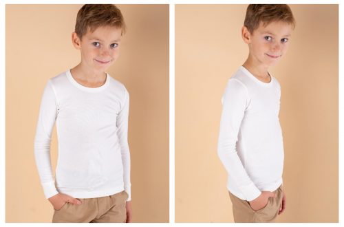 Świąteczna stylizacja dla chłopca z białą bluzką z długim rękawem
